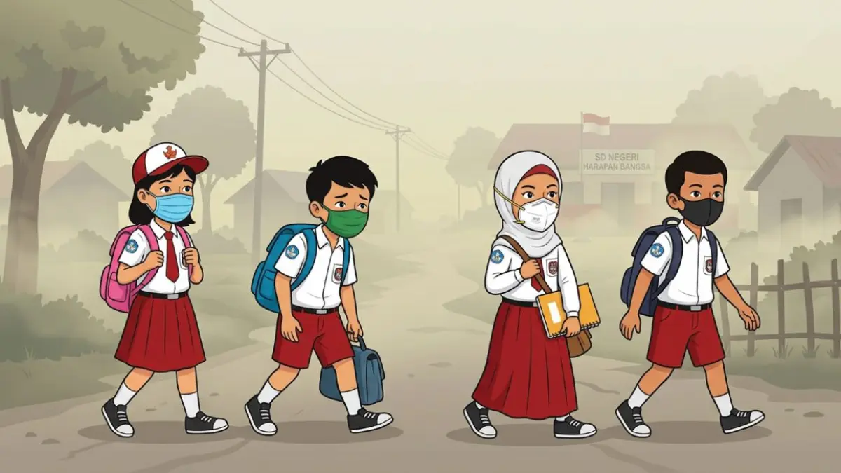 ilustrasi pelajar sd berangka ke sekolah mengenakan maskermode ai 4EUuD